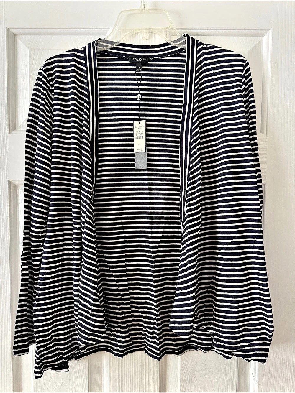Talbots Open Front Striped Cardigan Dark Navy & White Large Petite